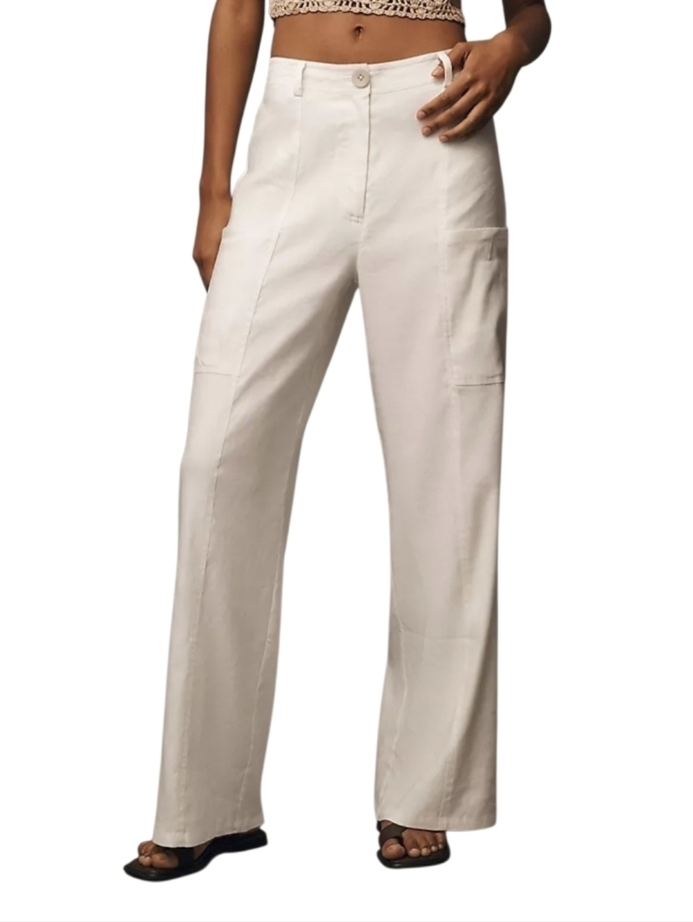Anthropologie High Rise Wide Leg Casual White Linen Blend Pants. Size Large